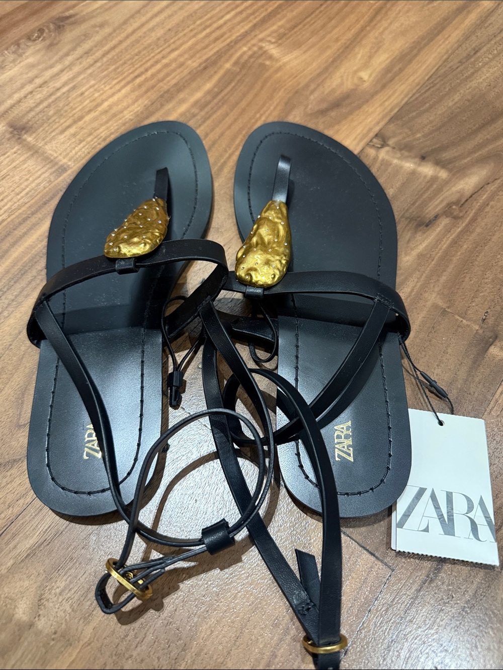ZARA Black Leather T-Strap Sandals with Gold Accent